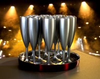 Elite Premium 6.6oz Polycarbonate Silver Champagne Glasses on tray